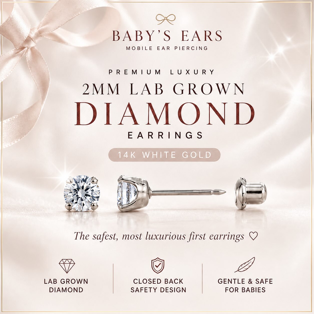 2 mm lab-grown diamond earrings in 14K white gold — Baby’s Ears original Instagram artwork