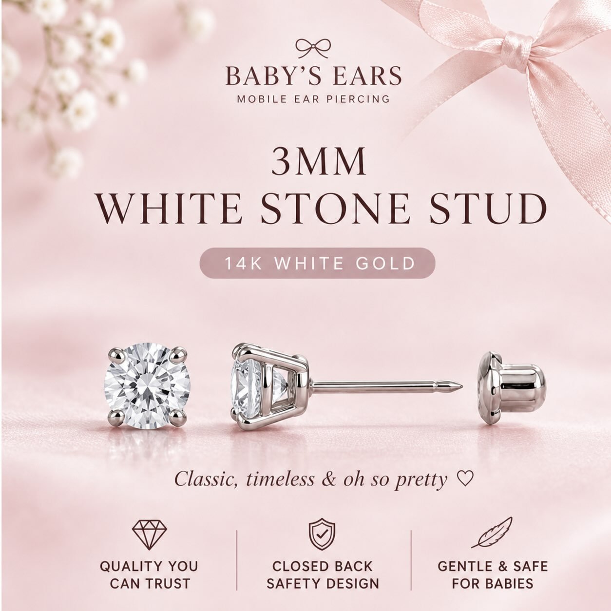 3 mm white stone stud in 14K white gold — Baby’s Ears original Instagram artwork