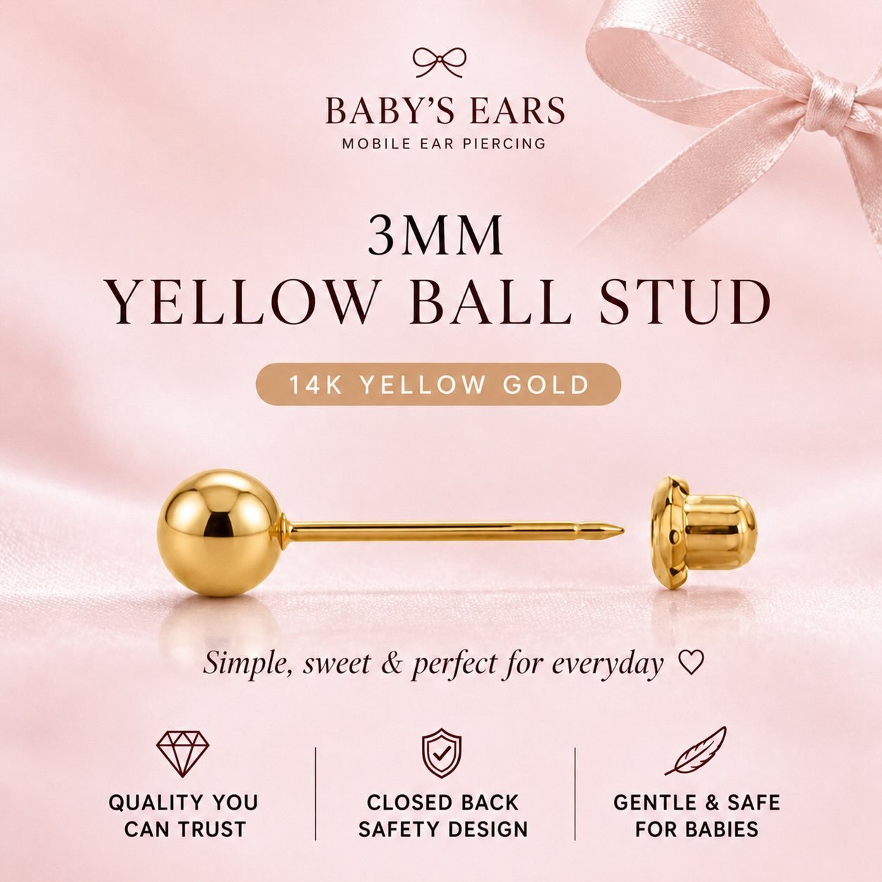 3 mm yellow ball stud in 14K yellow gold — Baby’s Ears original Instagram artwork
